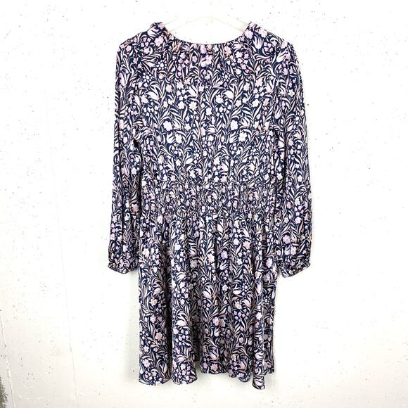 J.Crew V-Neck Mini Dress Floral Fields Navy Smocked Waist Ruffle Neck Medium - Picture 2 of 16